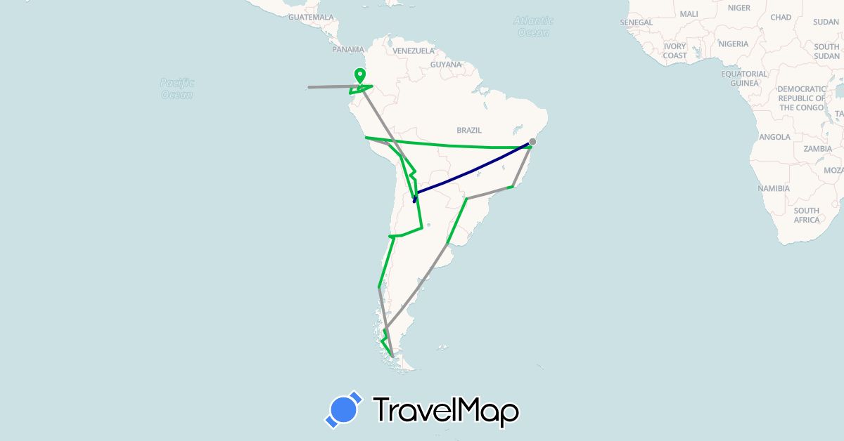 TravelMap itinerary: driving, bus, plane, train, boat in Argentina, Bolivia, Brazil, Chile, Ecuador, Peru (South America)
